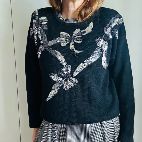 Womens Vintage 80s Sweater Sequin Bow Details Black Silver Size large Party - Picture 4 of 9